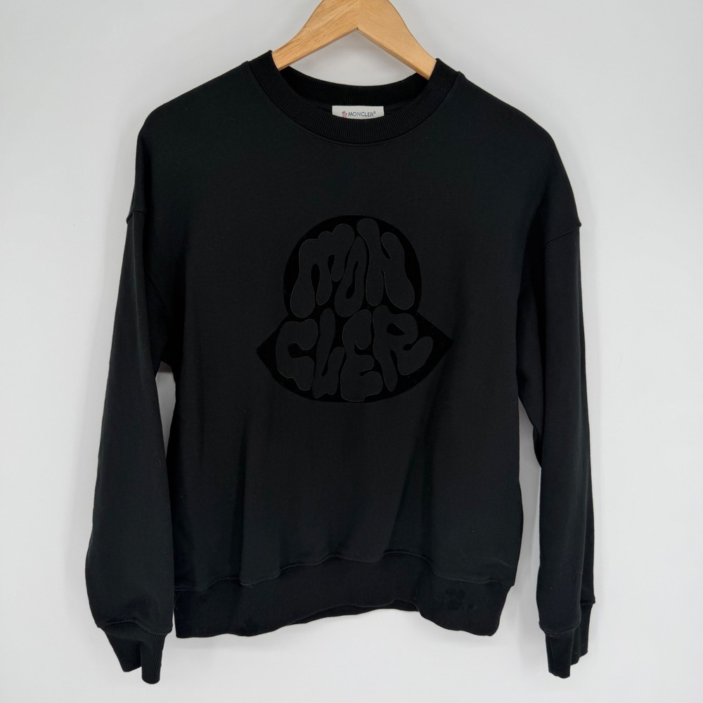 Moncler Men Black Velvet Logo Crewneck Sweatshirt Old Money Quiet Luxury Size S